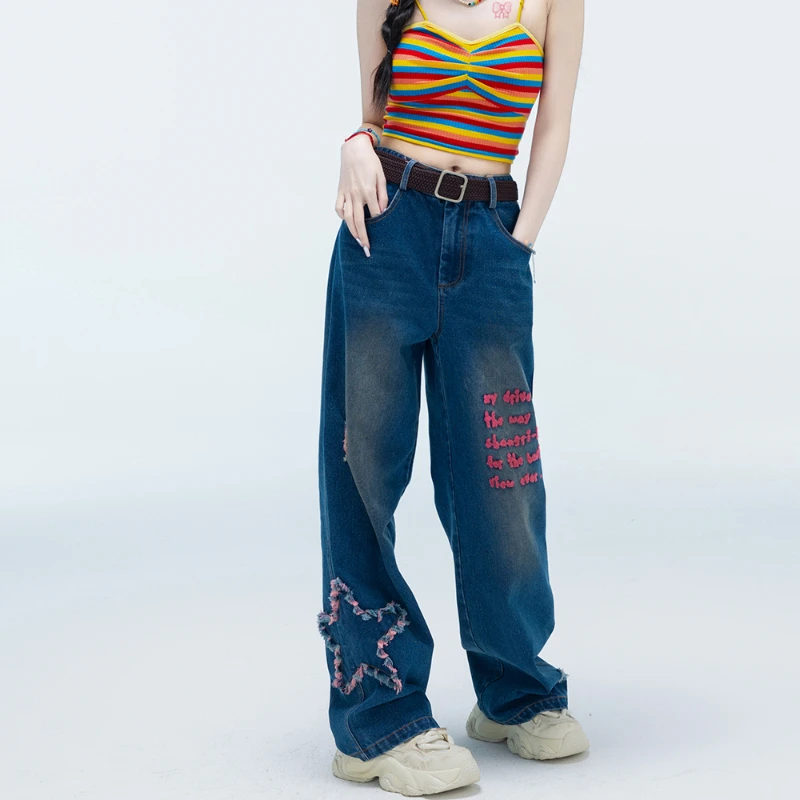 2024 New Casual Embroidery Retro Blue High Waist Skinny Wide Leg Jeans For Women