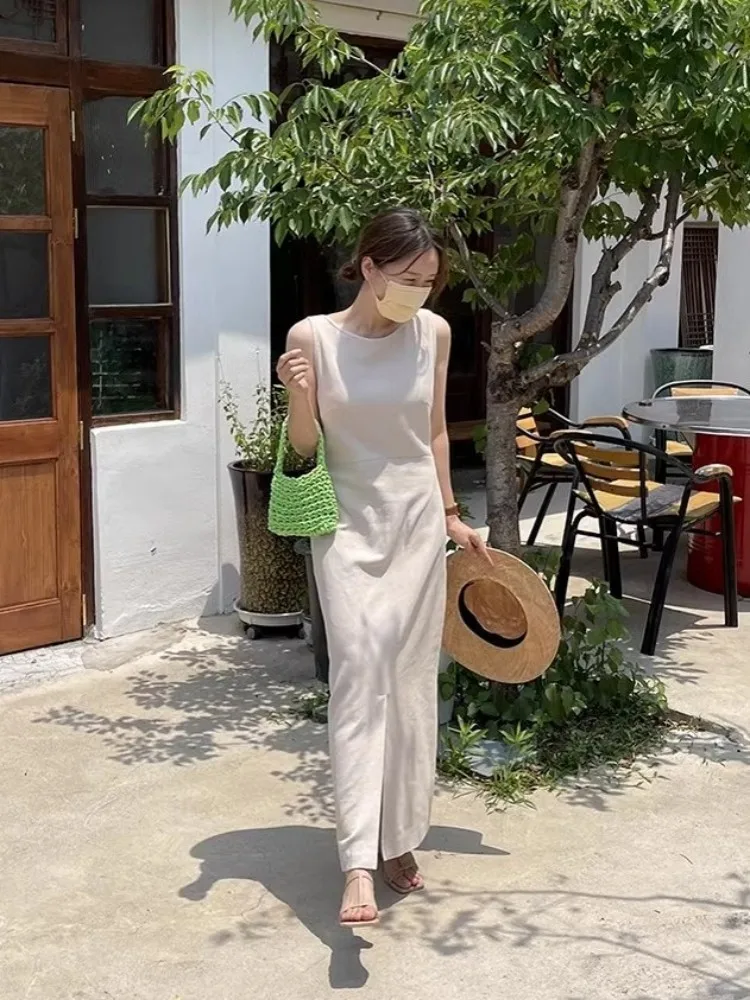 Harajuku Cotton Linen Long Dress Women Casual Vintage High Waist Pullover Long Dresses Sleeveless Summer Office Lady Tank Dress