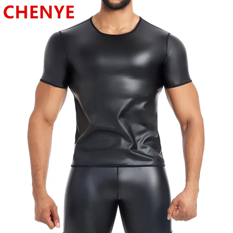 

New Men's Black T-Shirt Faux Leather Short Sleeve Tops Male Slimming Shirt Body Shaper Waist Trainer Leather Shapewear Underwear