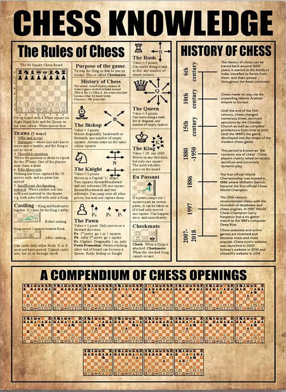 Affiche en métal rétro 5,5 x 8 pouces sur l'échecs : les règles, l'histoire et un résumé de l'échecs