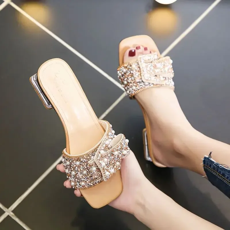 Versatile High End Rhinestone Women's Slippers Korean Style Pearl Thick Heels Exposed Toe Sandals