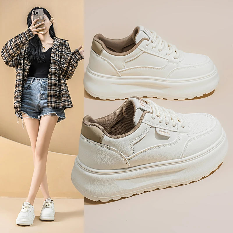 

Women's Beige Chunky Platform Lace Up Sneakers Comfortable Upper Lining Wear Resistant Outsole Casual Trendy Shoes
