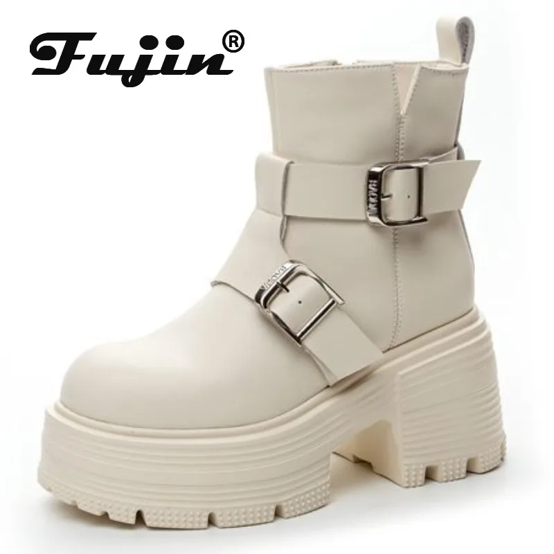 Fujin 9cm Microfiber Genuine Leather Platform Wedge Women Boots Ankle Spring Knee High Fashion Autumn British Boots ZIP Shoes