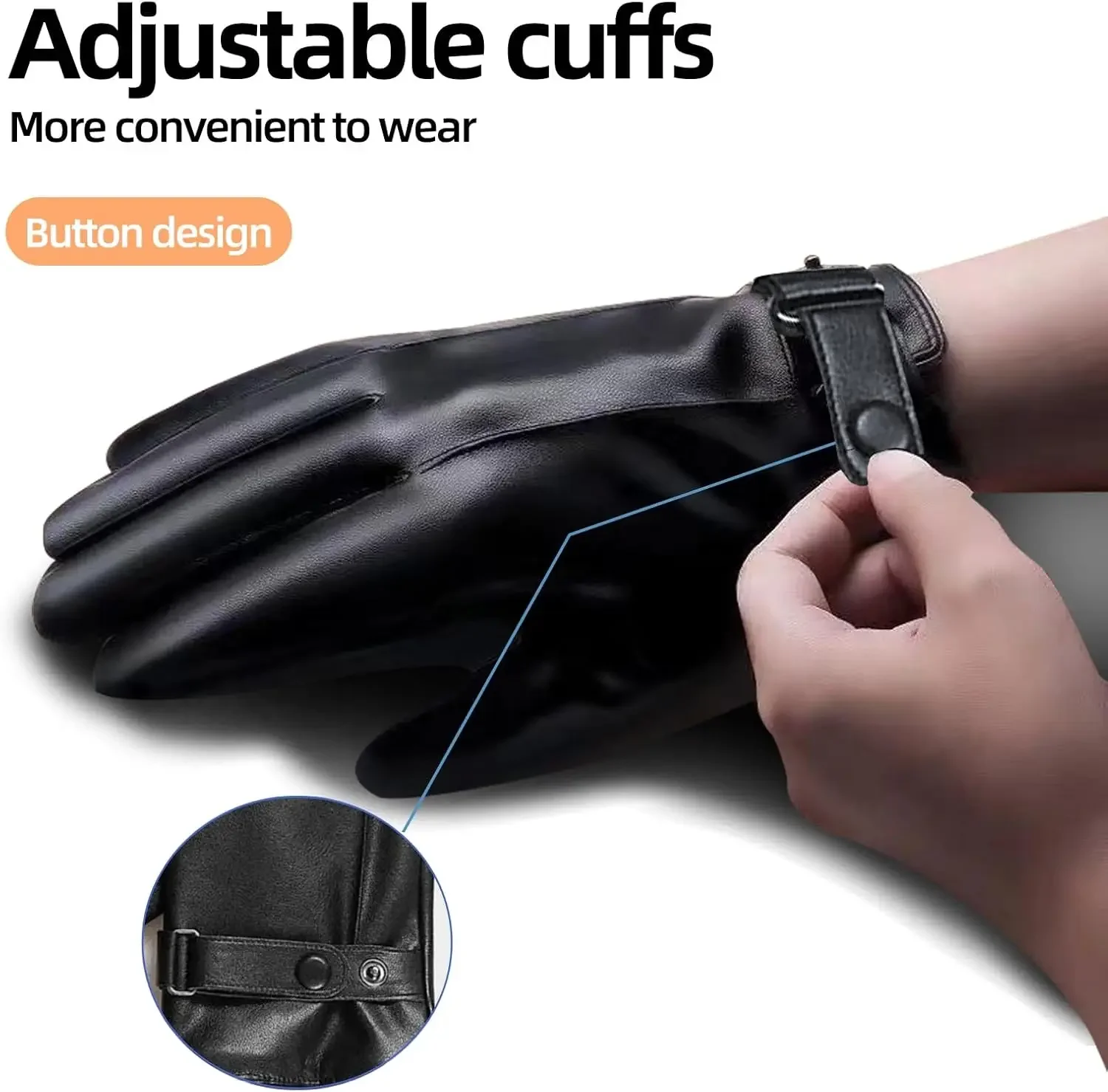 Winterhandschuhe für Herren, echtes Leder, warm, plus Samt, Touchscreen-Handschuhe, Outdoor, Radfahren, Fahren, Motorrad, PU-Handschuhe – Detail 4