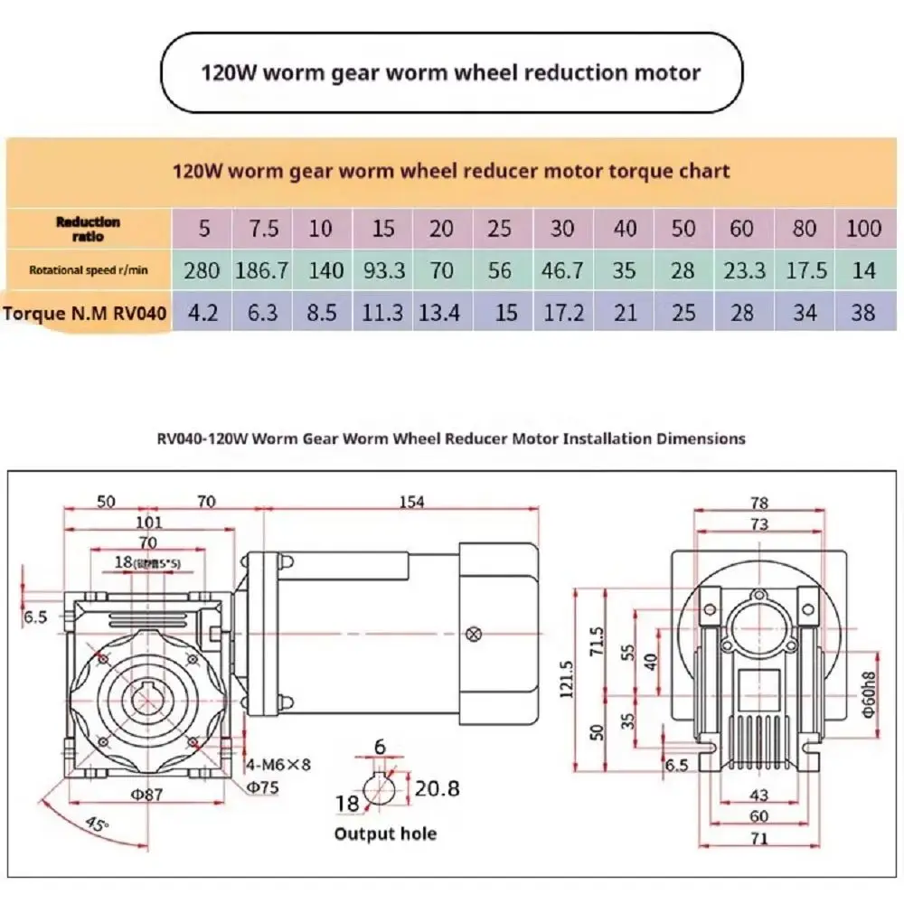 120W Worm gear reducer, 220V with reducer box, AC gear speed regulating motor, RV040 motor