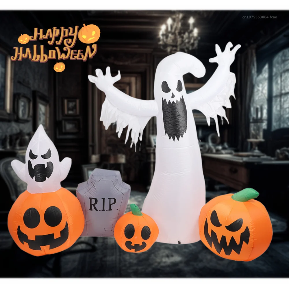 2,3M Halloween opblaasbare pompoen witte geest grafsteen ingebouwde LED-verlichting Halloween Party Indoor Outdoor opblaasbaar ornament