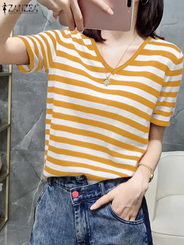 

ZANZEA Korean Fashion Short Sleeve Tunic Tops Daily Leisure Women V Neck Blouses 2024 Summer Casual Striped Commute T-shirts