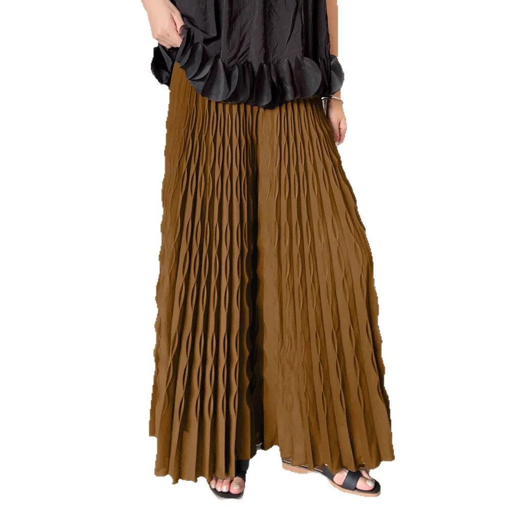 Miyake 2025 Pleated New Solid Color Elastic Waist Folded Wide Leg Pants Women's Fashion Pleated Temperament Elastic Loose Pants