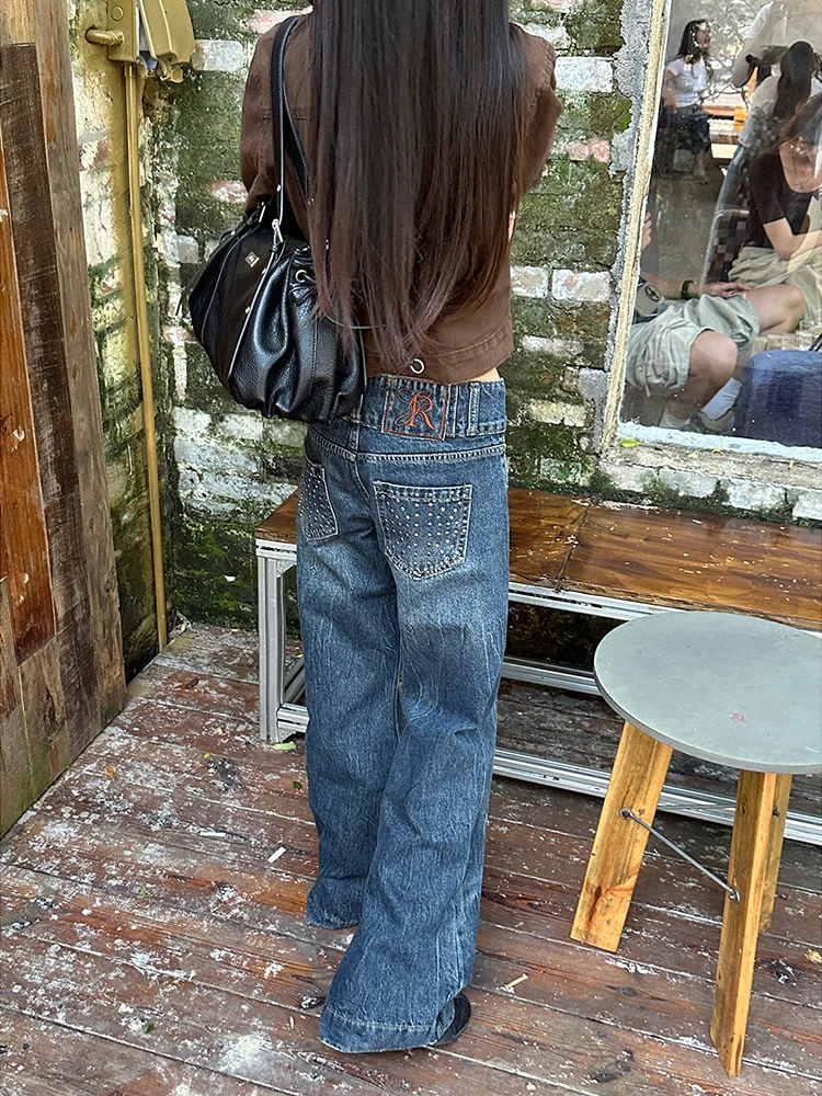 REDDACHiC Punk Studded Pocket Straight Jeans Retro Distressed Low Waist Double-button Baggy Denim Pants Y2K Woman Streetwear