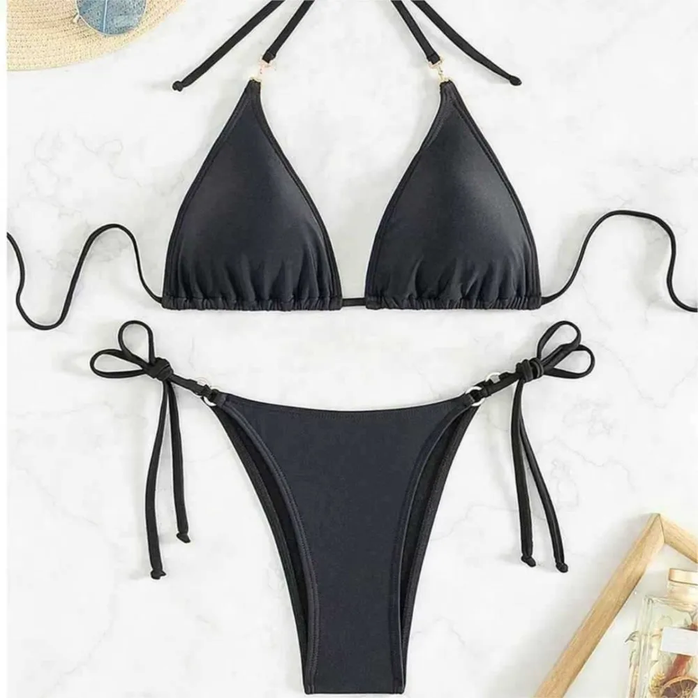 Traje de Baño Sexy para Mujer, Bikinis y Tankinis de Color Sólido con Tirantes, Conjunto de Bikini con Cordones, Estilo Simple para Vacaciones
