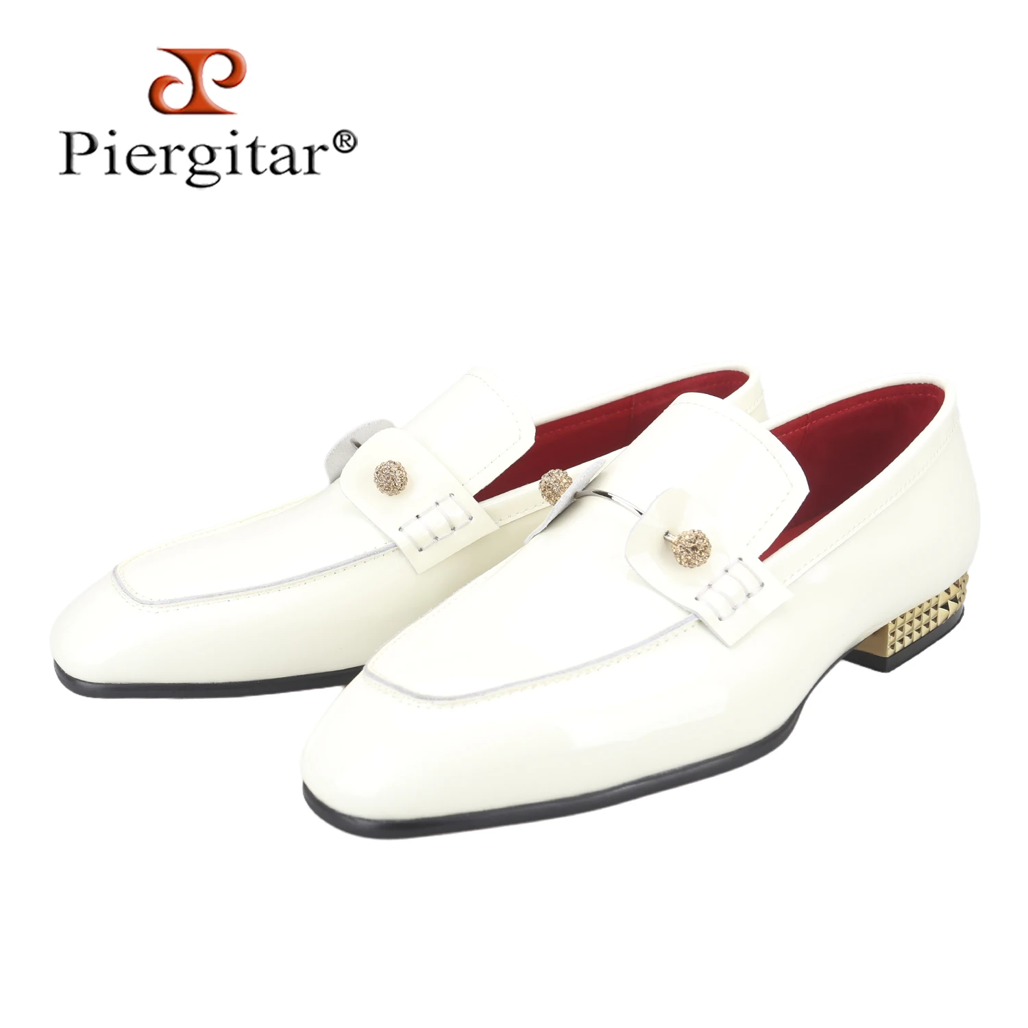 Piergitar Cream Patent Leather Men's Loafers With Custom Gold Ball Crystals Buckles Luxury Brand Same Model Red Outsole Slippers