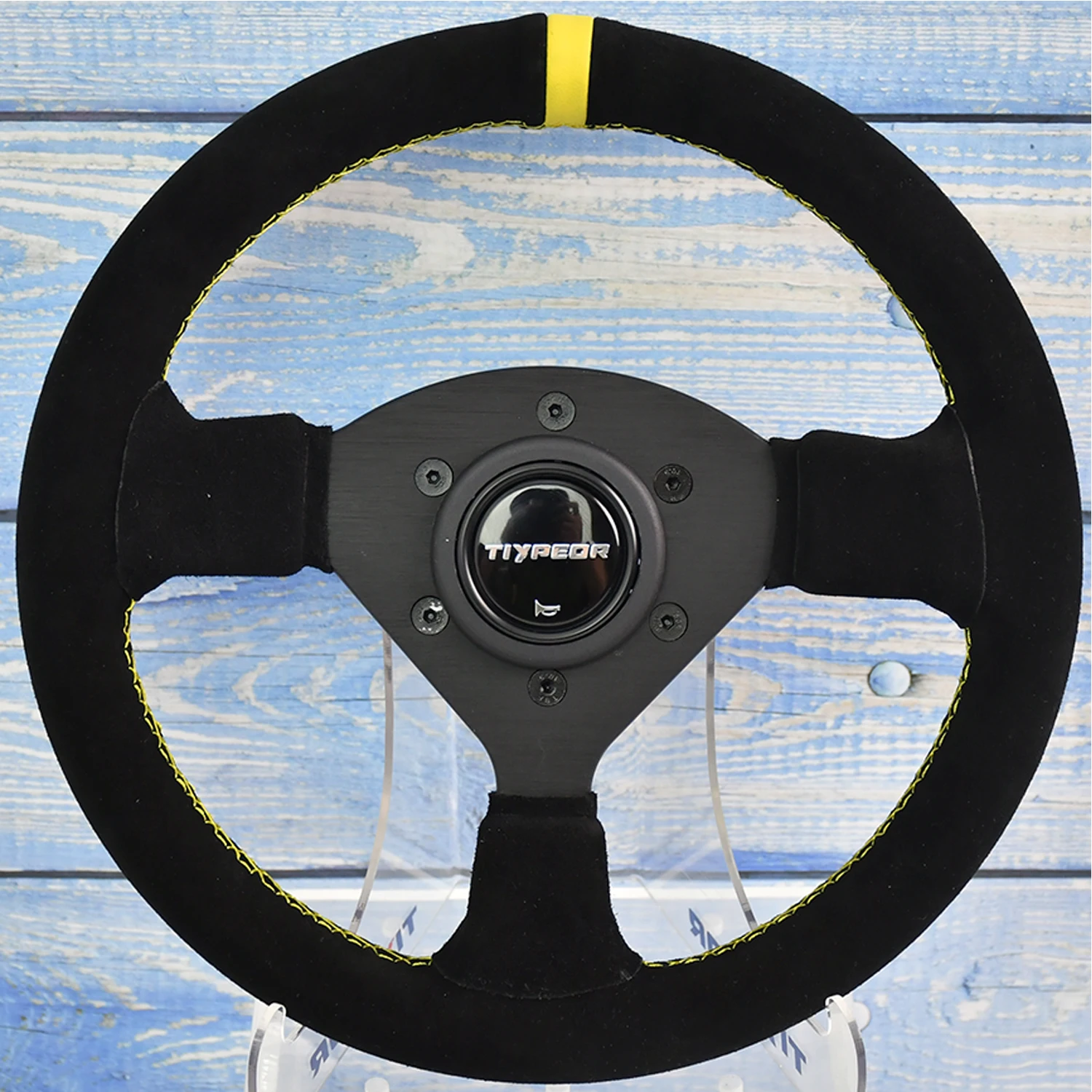 TIYPEOR 270mm Black Suede Kart Steering Wheel 3 Spoke Yellow Stitching 35mm Deep Dish Universal Drift Sim Racing Steering Wheel