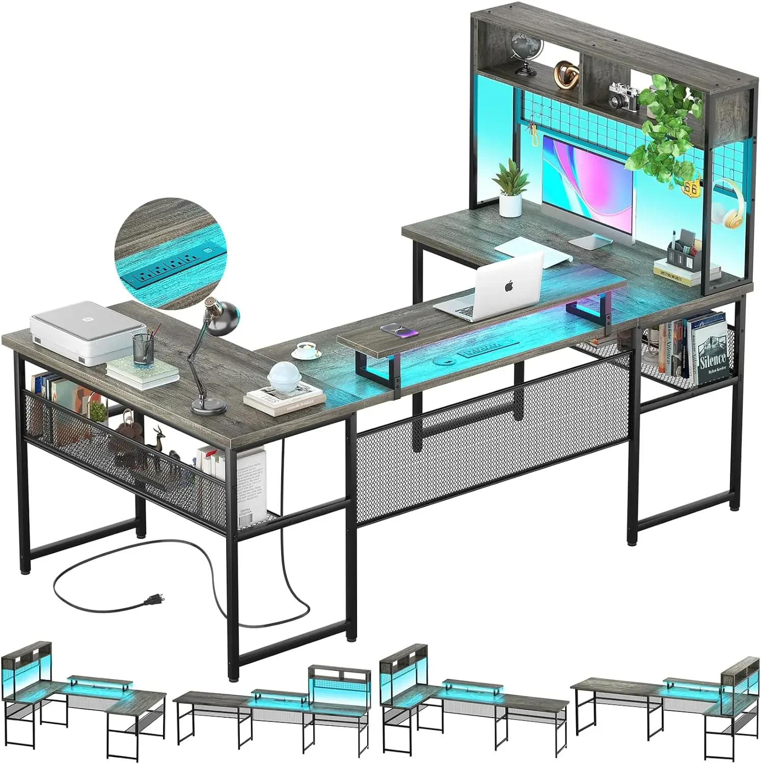 Shaped Desk with Hutch, Reversible Office Desk with Power Outlets and LED Strip, Large L Shaped Table with Monitor Stand