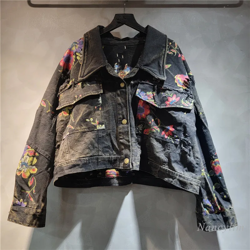 Personalized European Style Broken Flower Print Denim Jacket Women's 2024 Autumn New Loose Washed Old Short Jacket Coat Street