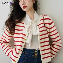 Korean Fashion O-collar Single-breasted Cardigan Sweater Casual Loose Stripe Stitching Knitted Sweater 2023 Simple Women Sweater