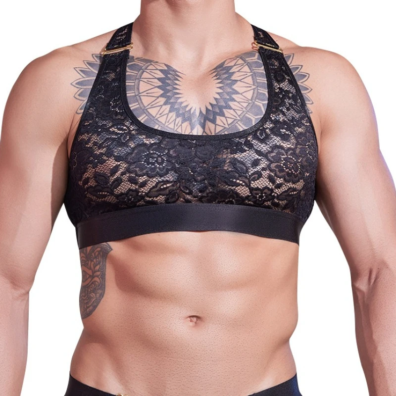 Men's Tank Tops Ultra-Thin Lace Transparent High Elastic Undershirt Thin Metal Adjustable Singlets Muscle Tops Sissy Lingerie