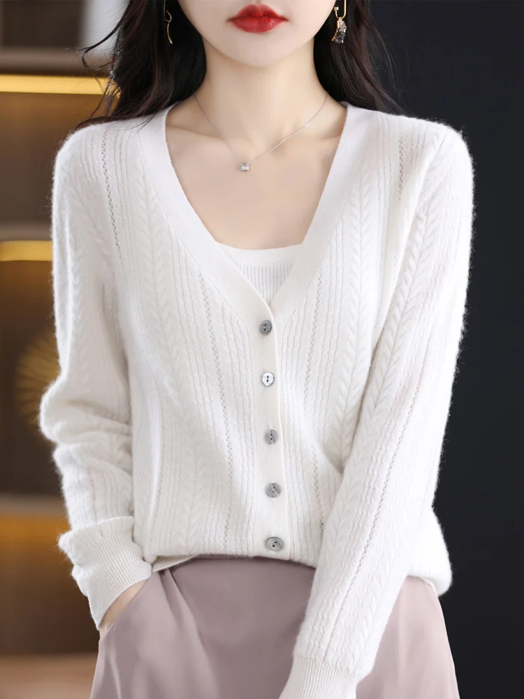 Addonee Autumn Women's Deep V-neck Cardigans Sweater 100% Merino Wool Loose Twist Flower Cashmere Knitwear Long Sleeve Clothing