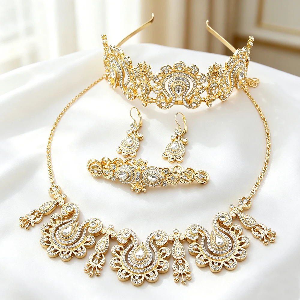 Sunspicems 6pcs Gold Color Morocco Algeria Women Wedding Jewelry Set Teardrop Earrings Necklace Bracelet Crown Bridal Bijoux