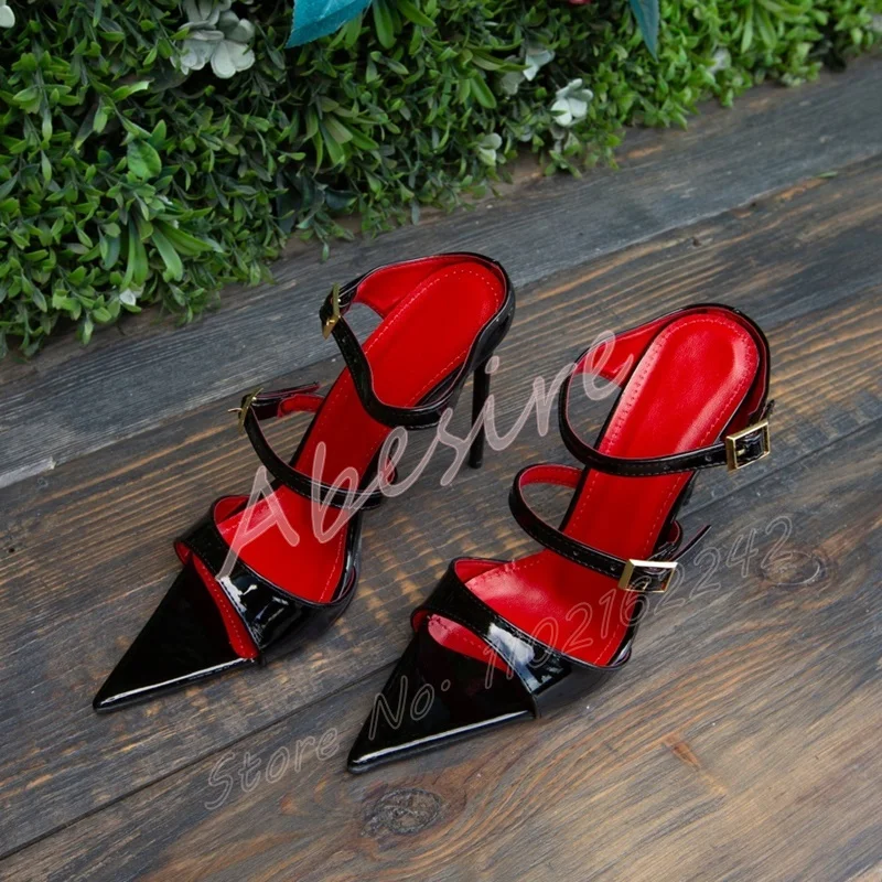 

Women'S Black Patent Leather Pointed High Heels Summer Sexy Belt Buckle Heel Slippers Fashion Party Catwalk Wedding Sandals 46