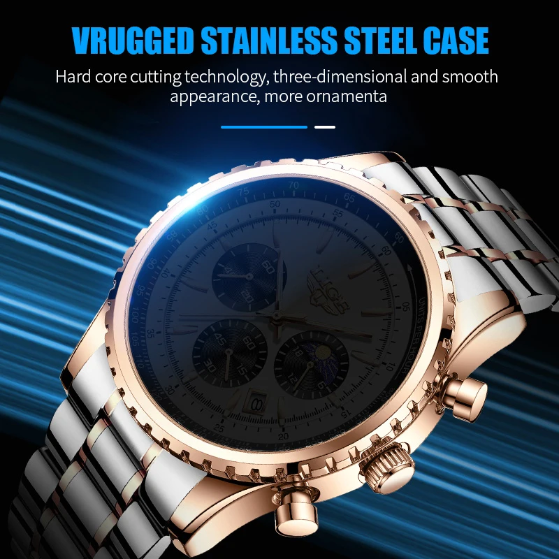 New LIGE Fashion Men Watch Stainless Steel Top Brand Luxury Sport Chronograph Quartz Wrist Watches for Men Relogio Masculino+Box