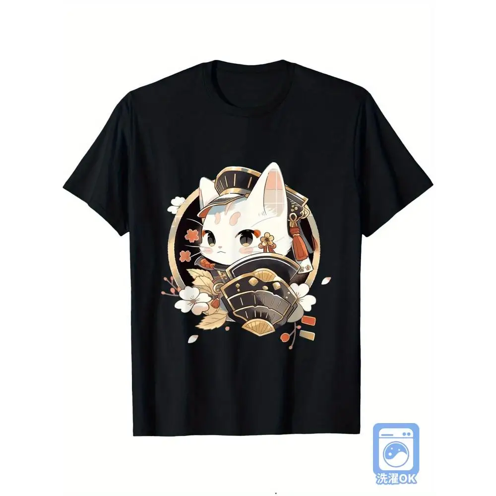 Japanese Ukiyo-e Style Ninja Cat T-Shirt Anime Workwear Theme Event Round Basic Tee Machine Washable Dry Clean Casual Short