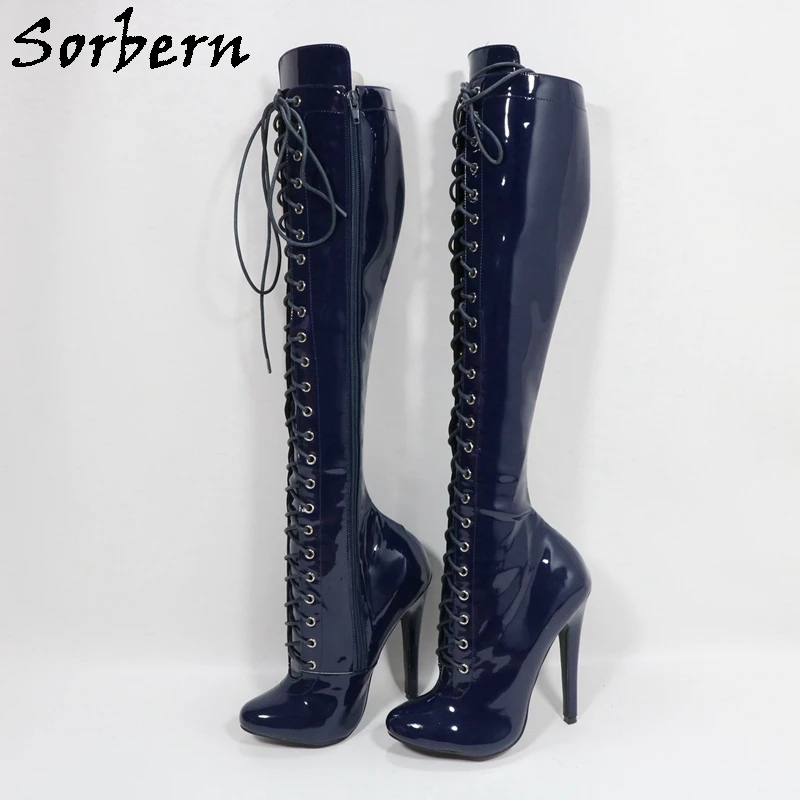 Sorbern Retro Burlesque Heel Narrow Calf Fit Boots Knee High Lace Up Boot High Heel Customized Leg Stilettos Size 36-46