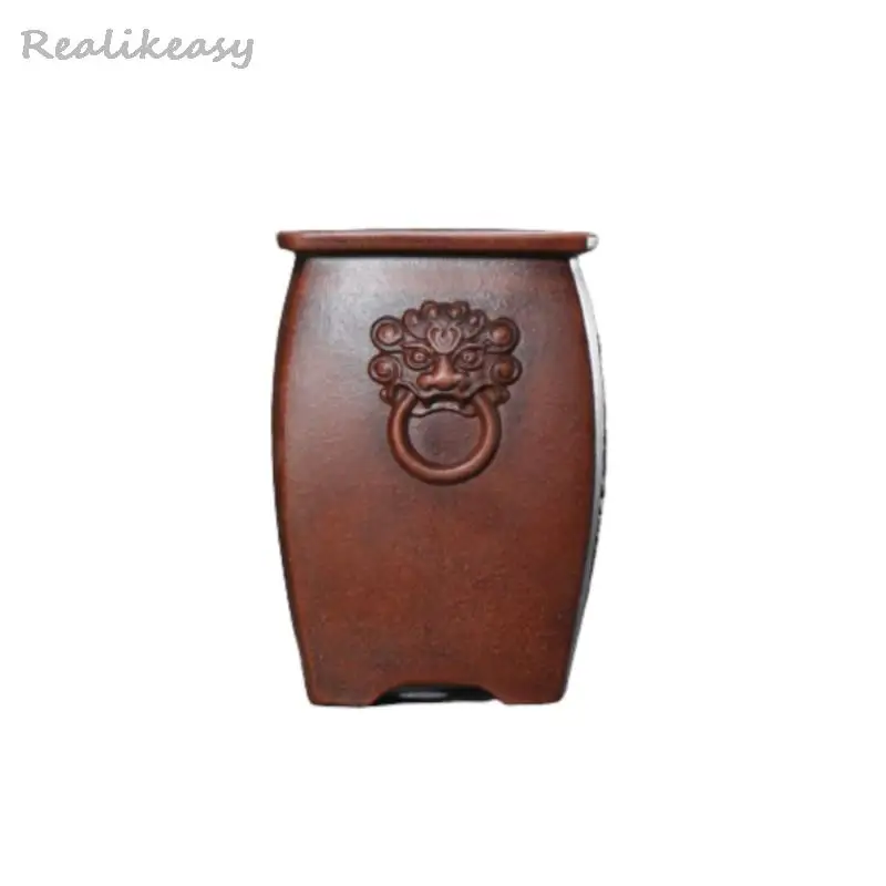 7Size Purple Clay Flowerpot Rectangular Elephant Pattern Antique Handmade Flowerpot Home Office Desktop Decorative Flower Pot
