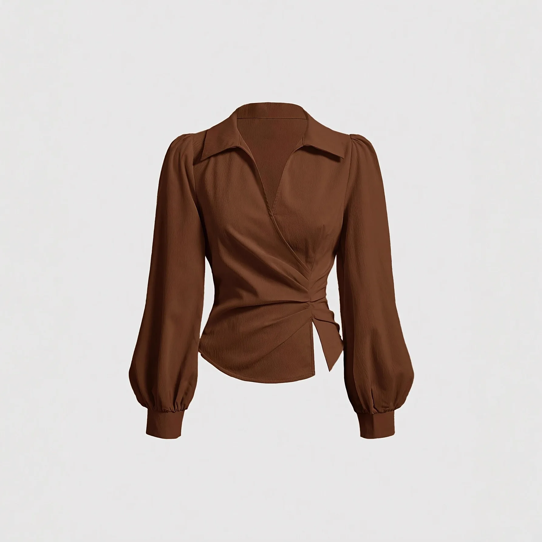 

Spring New Fashionable Niche Design Irregular Waist Slimming Long-sleeved Brown Shirt Top
