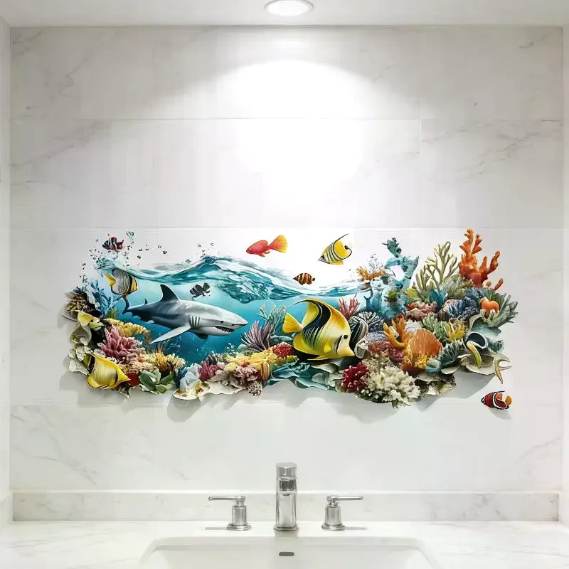Ocean Fish Sink Area Background Wall Sticker Bathroom Wall Decoration Self-Adhesive Removable Waterproof Creative Sticker