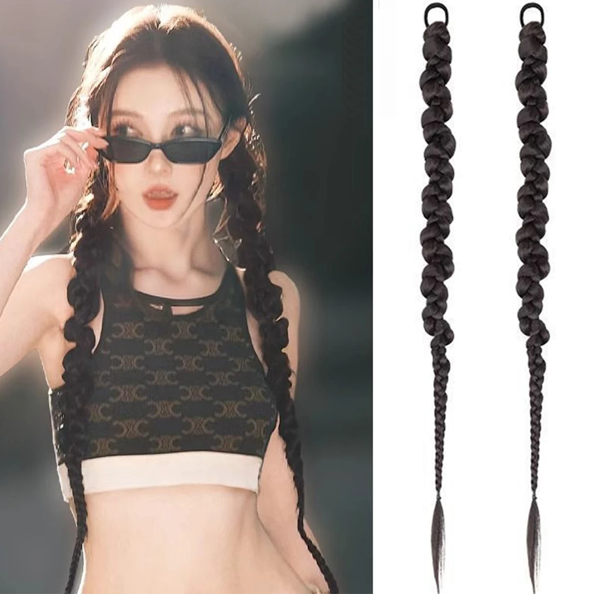 Peruca de rabo de cavalo trançado torcido sintético, faixa de borracha elástica alta, resistente ao calor, rabo de cavalo falso, roupa diária para festa