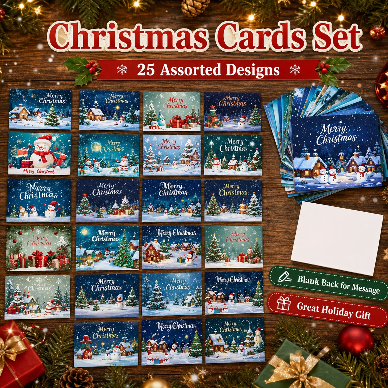Christmas Postcard Set Blank Back for Message 25 Assorted Winter Designs Xmas Cards Holiday Greeting Postcards for New Year Gif