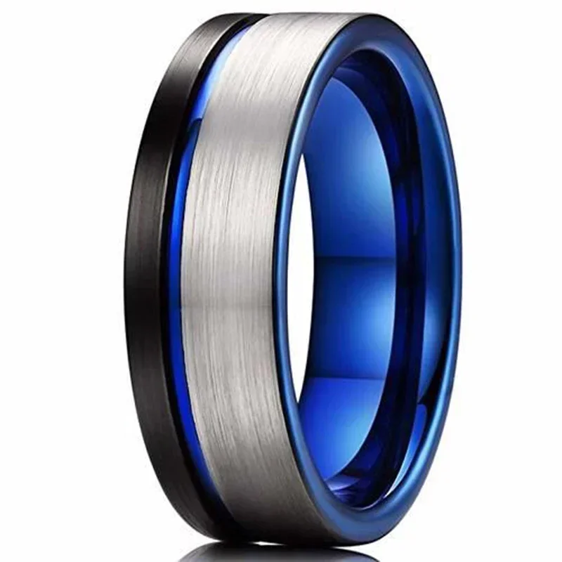 Trendy 8mm Tricolor Tungsten Wedding Rings for Men Blue Groove Beveled Edge Black Matte Finish Promise Ring Free shipping