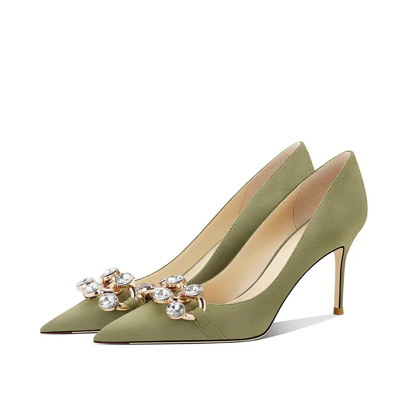 

2025 New Green Suede Stiletto Heels Women Genuine Leather Pointed Toe Rhinestones Elegant Pumps