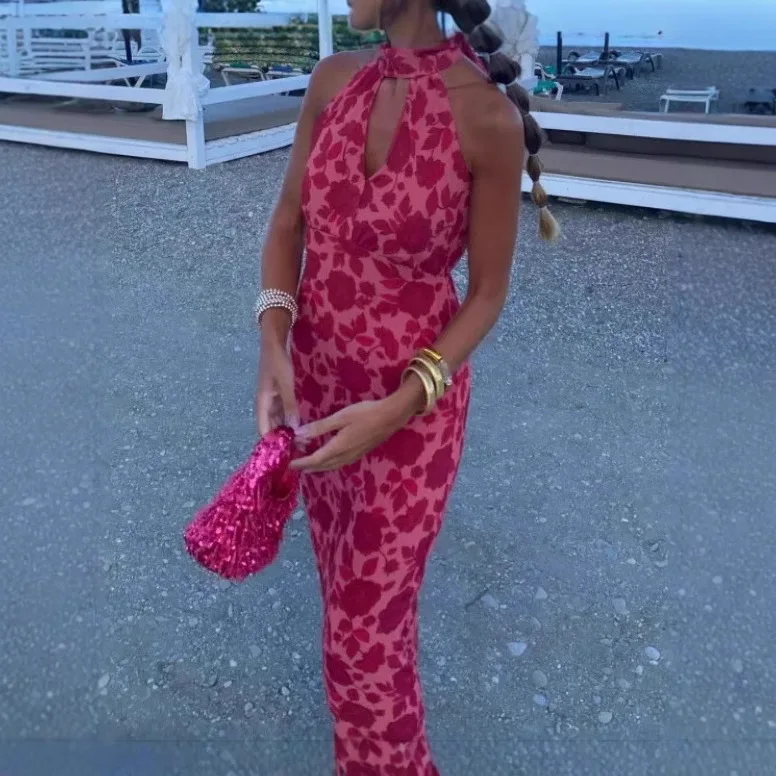 Abito lungo con scollo all'americana con stampa alla moda in stile francese da donna del nuovo arrivo 2025 Abito invernale seducente con scollo a V