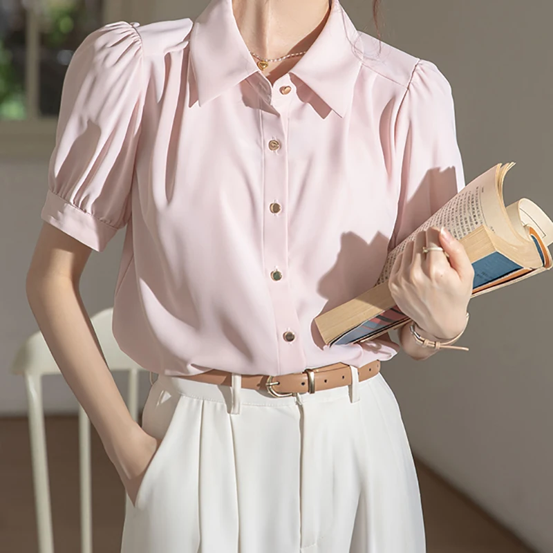 EVNISI Summer Women Chic Puff Sleeve Shirt Polo Collar White Elegant Loose Office Blouse Single Breasted Women Casual Tops 2024