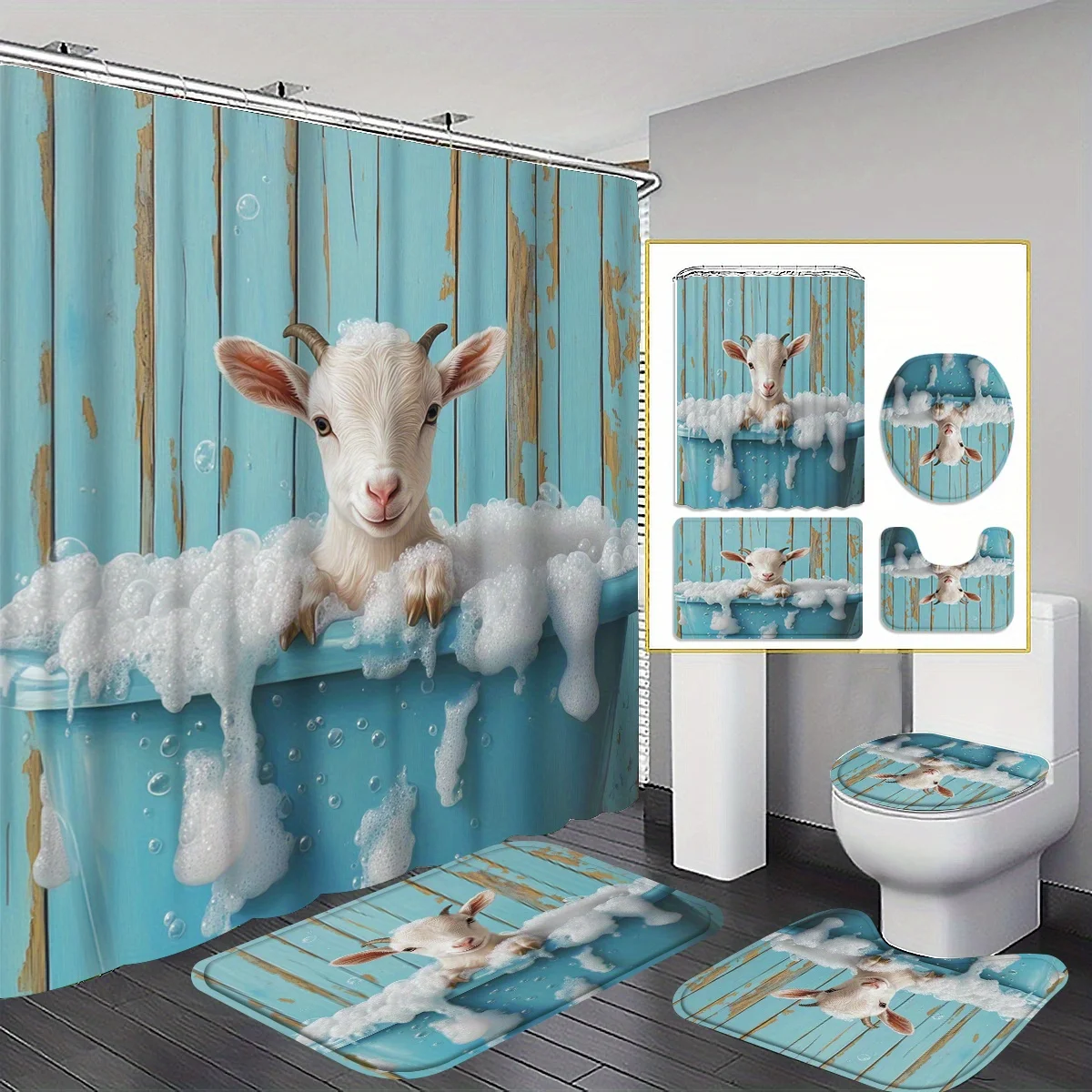 

4pcs Warm Blue Wooden Board Pattern Bubble Bath Sheep Pattern Shower Curtain Set Bathroom Curtain, Bathroom Decor Floor mat