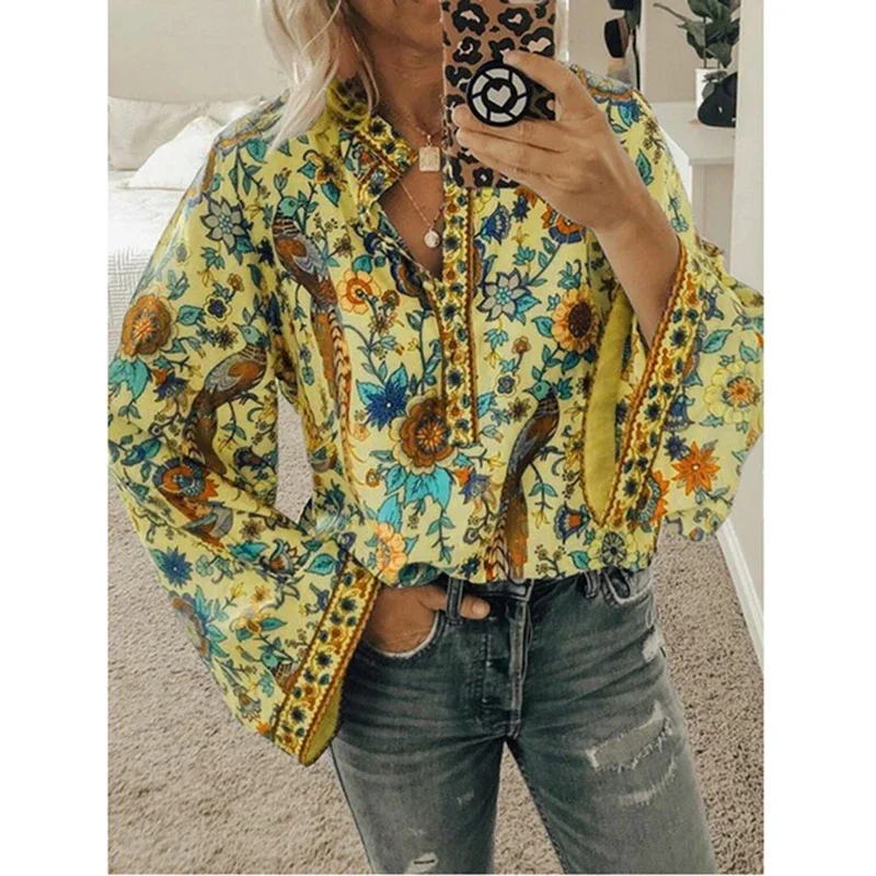 Spring Autumn Print Aesthetic Loose Casual Shirt Women Long Sleeve Vintage All Match Lady Blouse Sweet Fashion Female Clothes