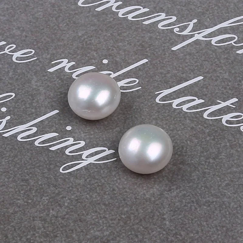 14-15mm High Quality Natural White Button Shape Freshwater Pearl In Pair For Earring Making