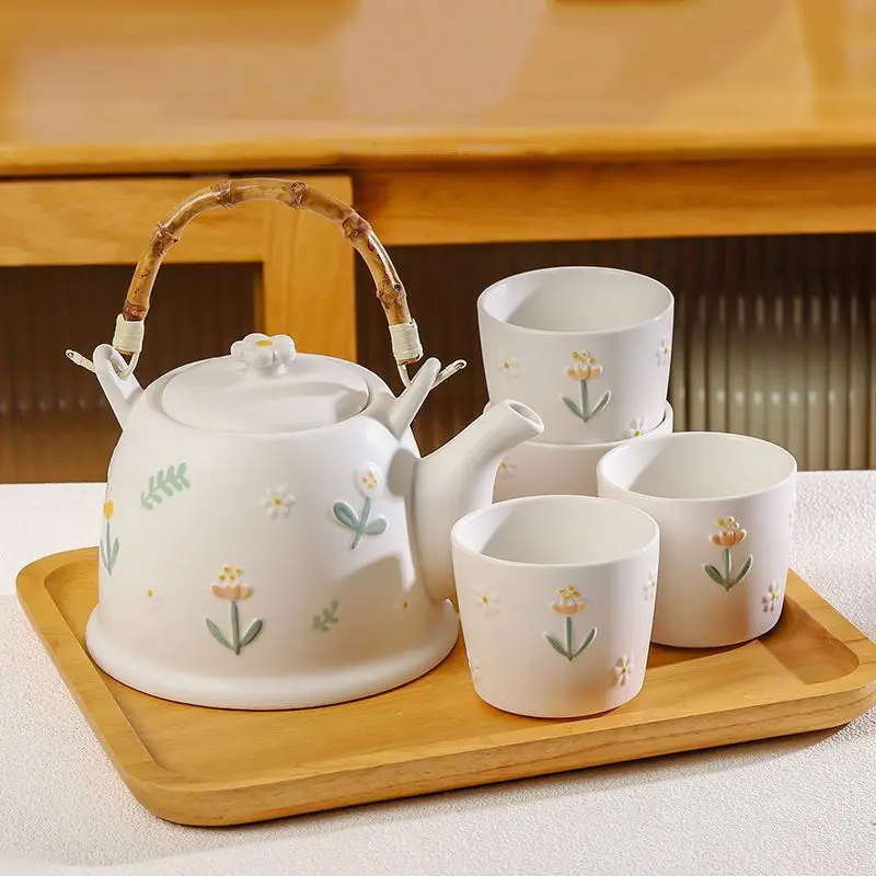 Japanese Style Porcelain Teapot Set, Embossed Hand-Painted Daisy Pot & Cups, Vintage Fresh Tableware, Ideal Tea Gift Set