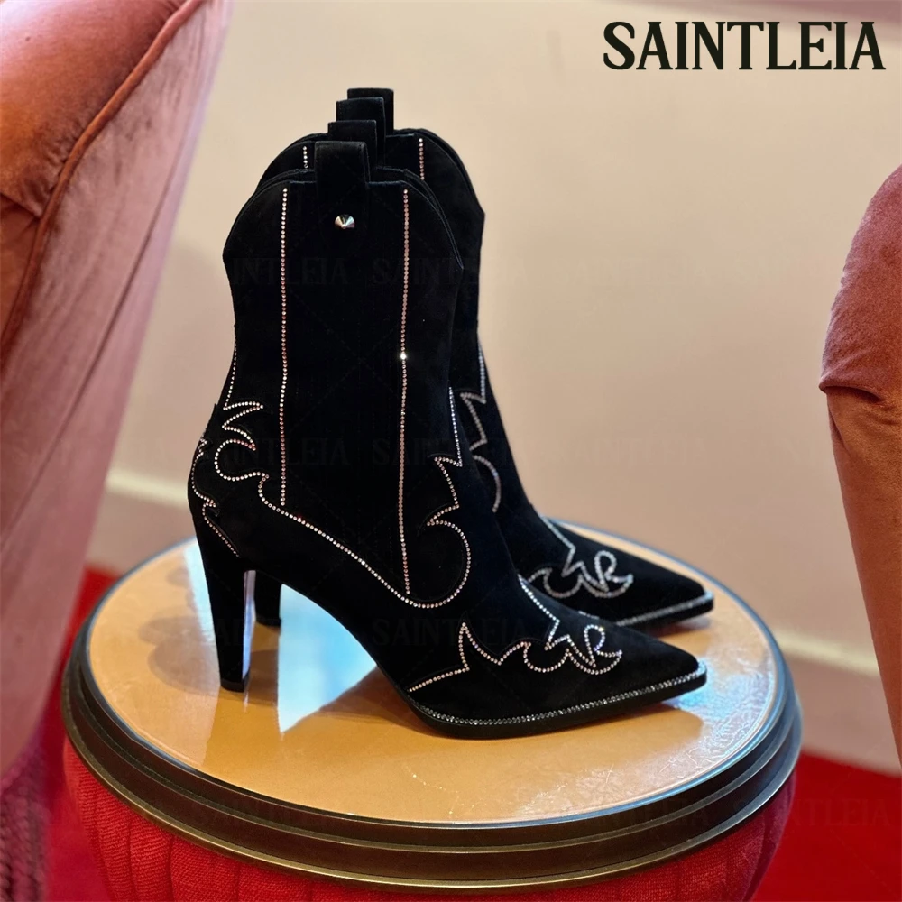 

Crystal Western Style Ankle Boots Luxurious Rhinestone Suede Western Booties Double Pull Tab Spike Stud Suede Booties for Women