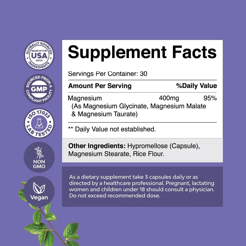 Triple magnesium complex 60 capsules of magnesium taurate and glycine with magnesium malate, used for musculoskeletal purposes