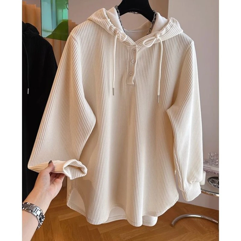 Large Size Corduroy Autumn Winter Hooded Sweater for Women Inner Layering Slimming Long Sleeved Loose and Versatile Pullover Top