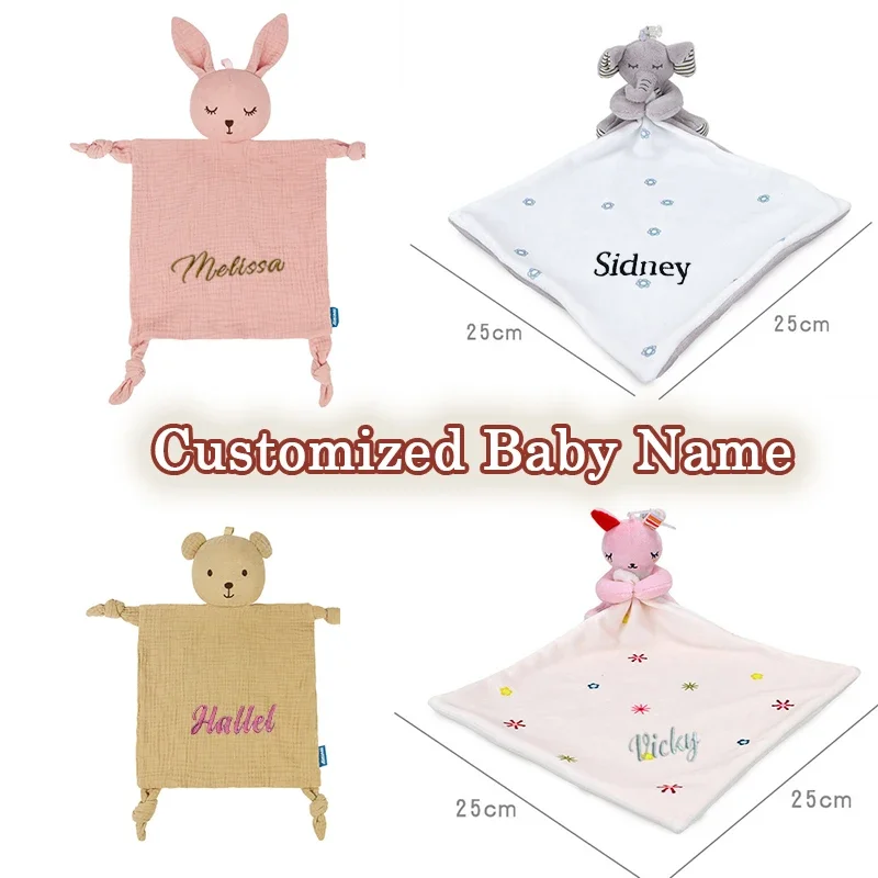 Name Personalized Embroidered Newborn Security Blanket Plush Soft Cotton   Baby Sleeping Cuddling Towel Birth Gift