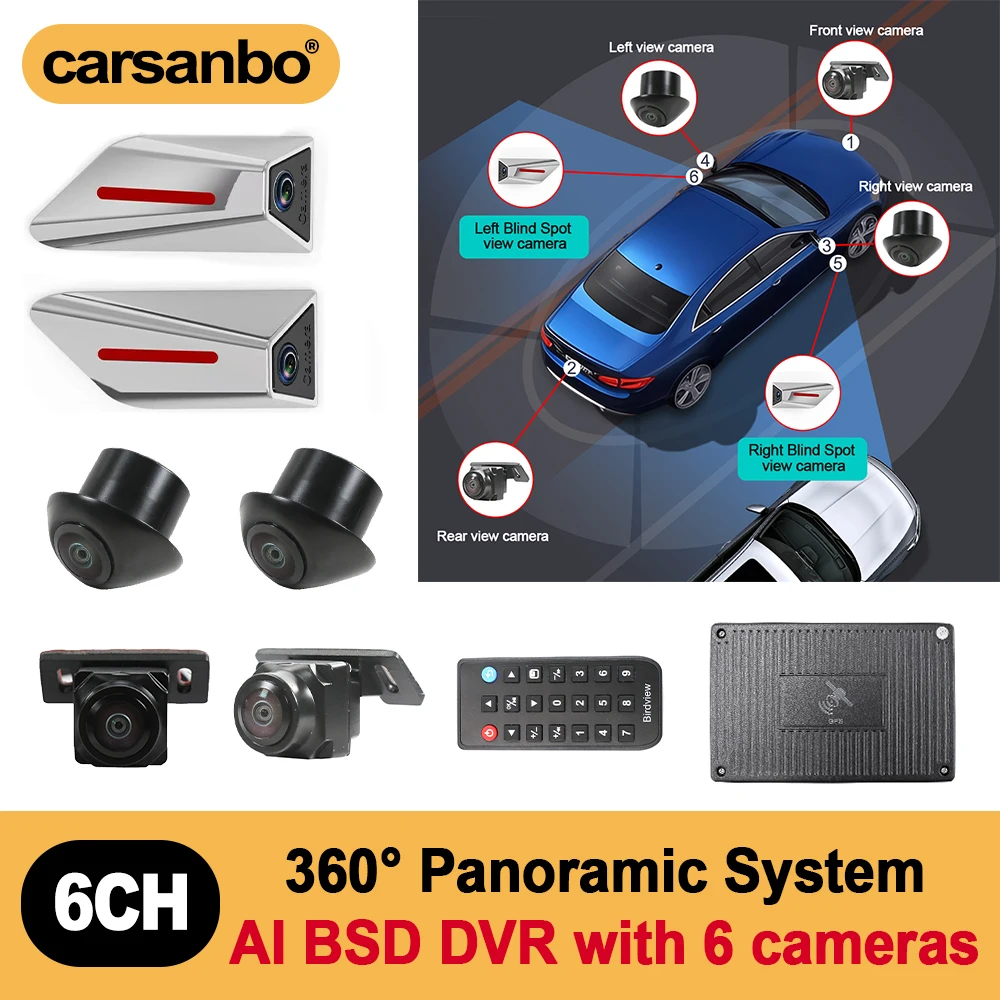 Carsanbo Auto 360° KI-Kamerasystem mit 6 WDR 1080P Kamera DVR-Recorder Sentinel-Modus BSD-Alarmsystem Unterstützt Msata HDD