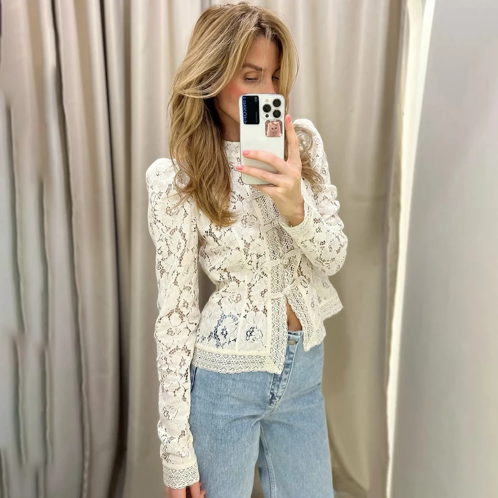 

Vintage Elegant Party Looks Summer Women Blouse Tops Luxury Lace Blouse Fashion Lace Print Single Breasted Slim Shirt