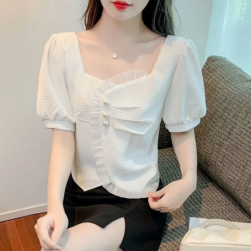 Women Summer Fashion Loose Diamonds Ruffles Solid Color Square Collar Short Sleeve Shirts Ladies Casual All-match Irregular Tops