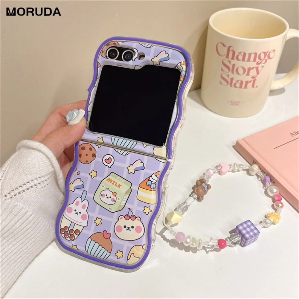 Lovely Cartoon Rabbit Case For Samsung Z Flip5 Cute Bracelet Cover For Galaxy Z flip 4 z flip3 Wave Edge Wrist Strap Korean Case