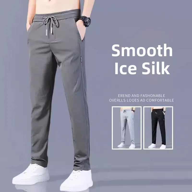 

Summer Ice Silk Straight Leg Casual Pants Men's Faion Slim Fit Long Trousers Korean Sle Thin Spor Loose Fit Trousers