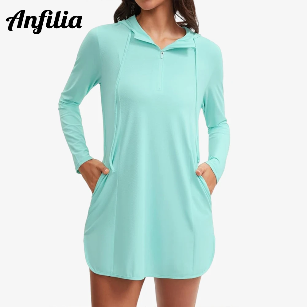 Anfilia Womens Rash Guard Shirts Hooded Swim Shirts with Pockets Zipper Swimsuit Cover Up