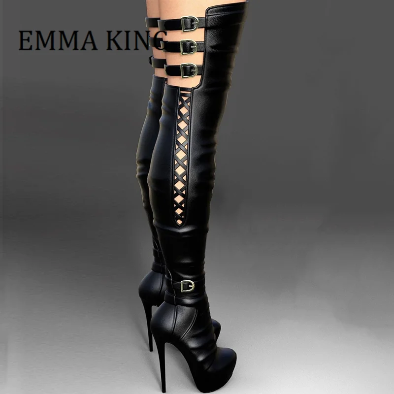 

Women Sexy Platform Thigh High Boots Hollow Out Side Straps Over The Knee Boots Female Punk Style Stiletto Club Party Shoes 45